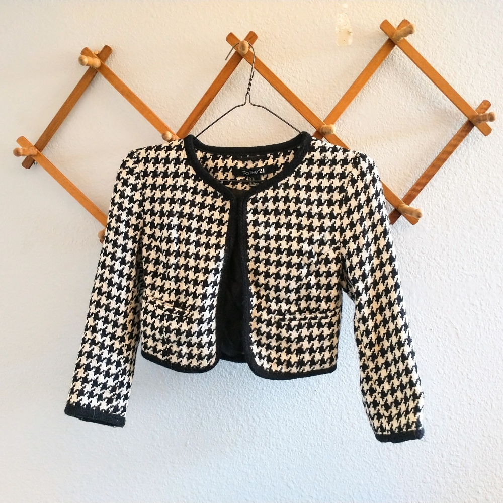 F21 Black & White Houndstooth Tweed Cropped Jacket